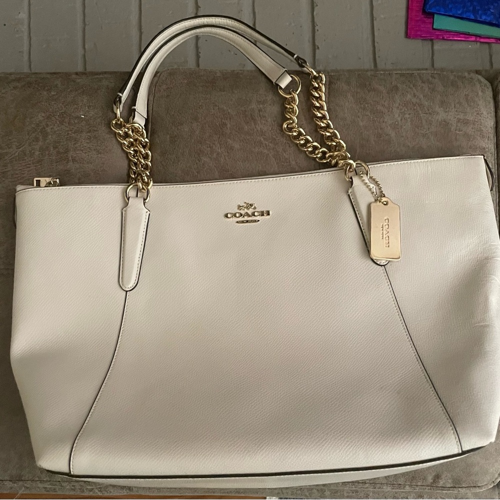 Coach Cream Leather Tote with Gold Chain